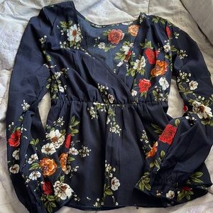 Navy blue floral long sleeve blouse